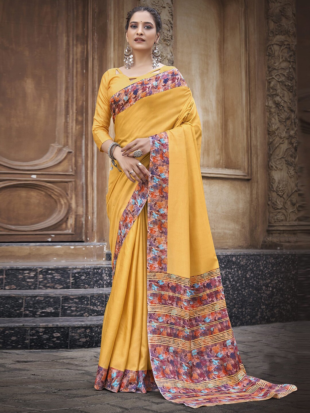 

Mitera Geometric Printed Art Silk Saree, Yellow