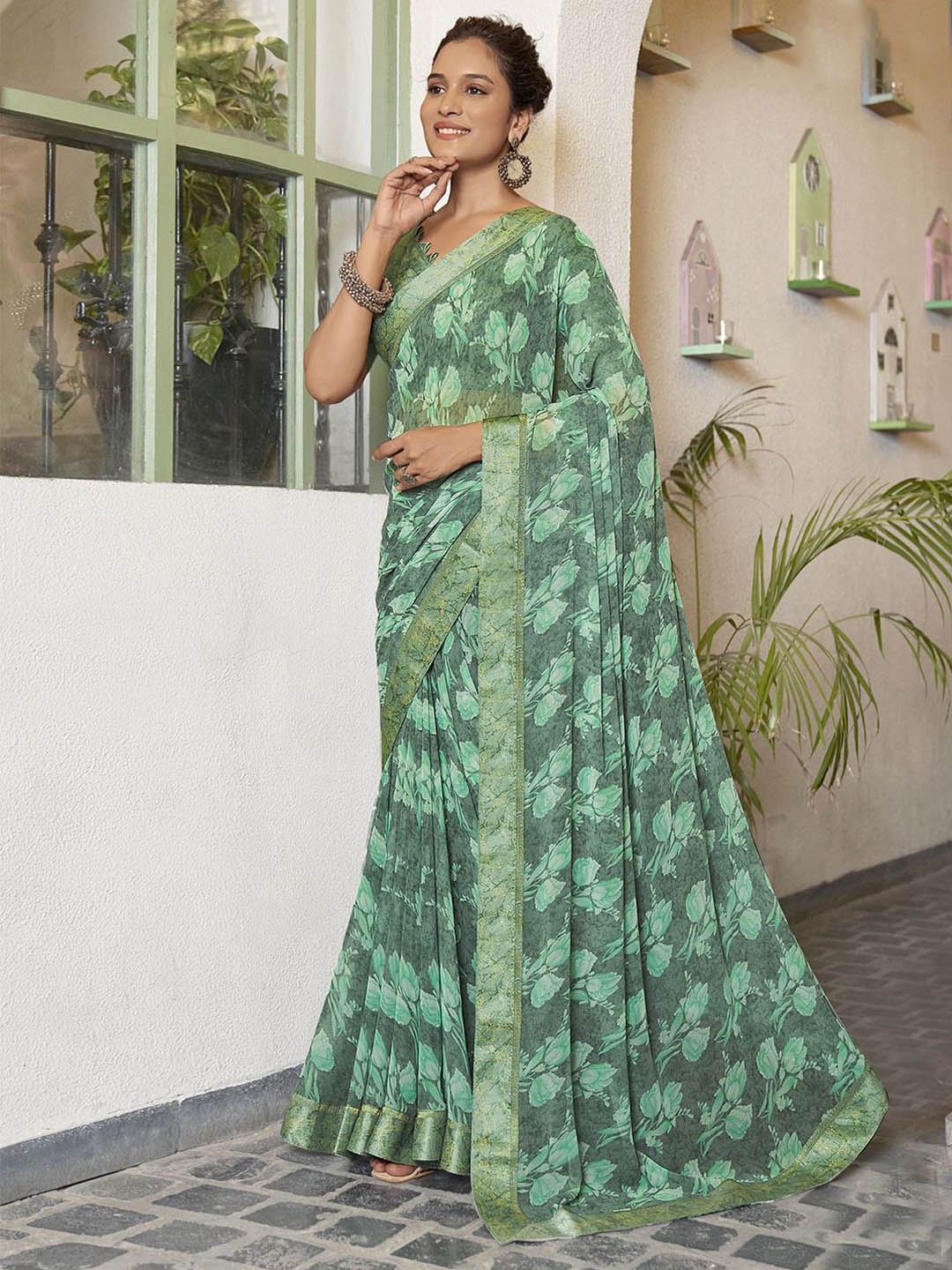 

Mitera Floral Pure Georgette Designer Saree, Lime green