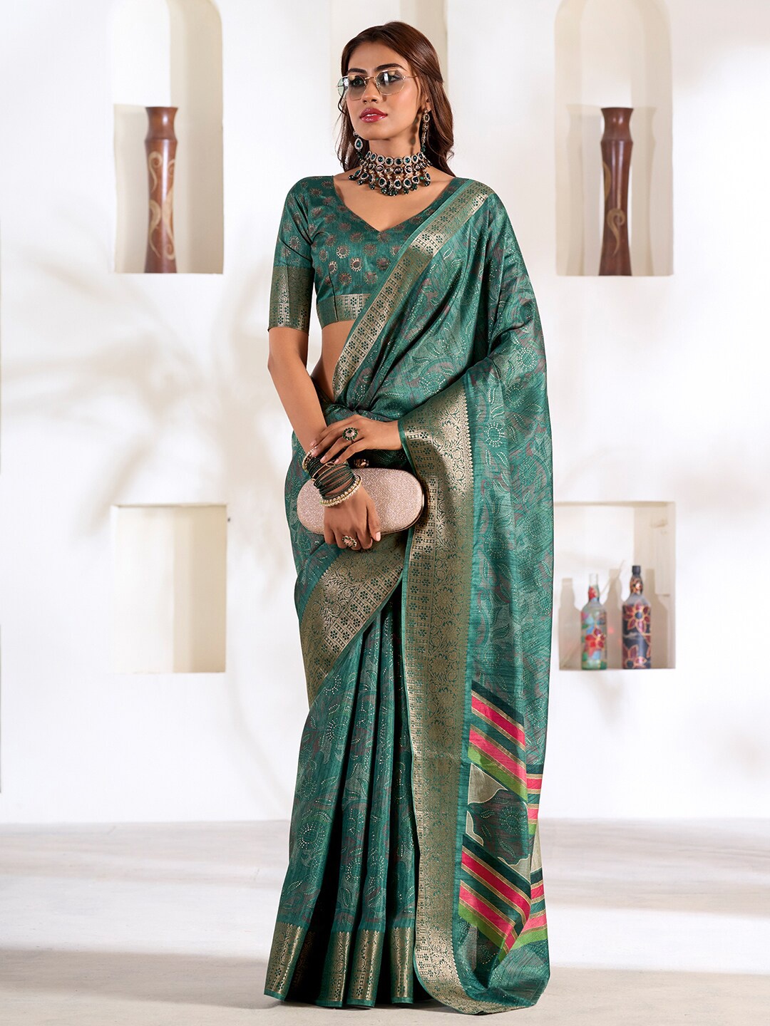 

Mitera Zari Floral Printed Designer Saree, Teal