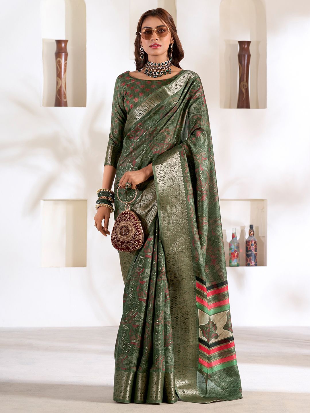 

Mitera Floral Zari Art Silk Saree, Olive