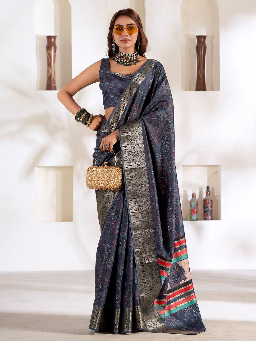 

Mitera Floral Zari Woven Design Saree, Navy blue
