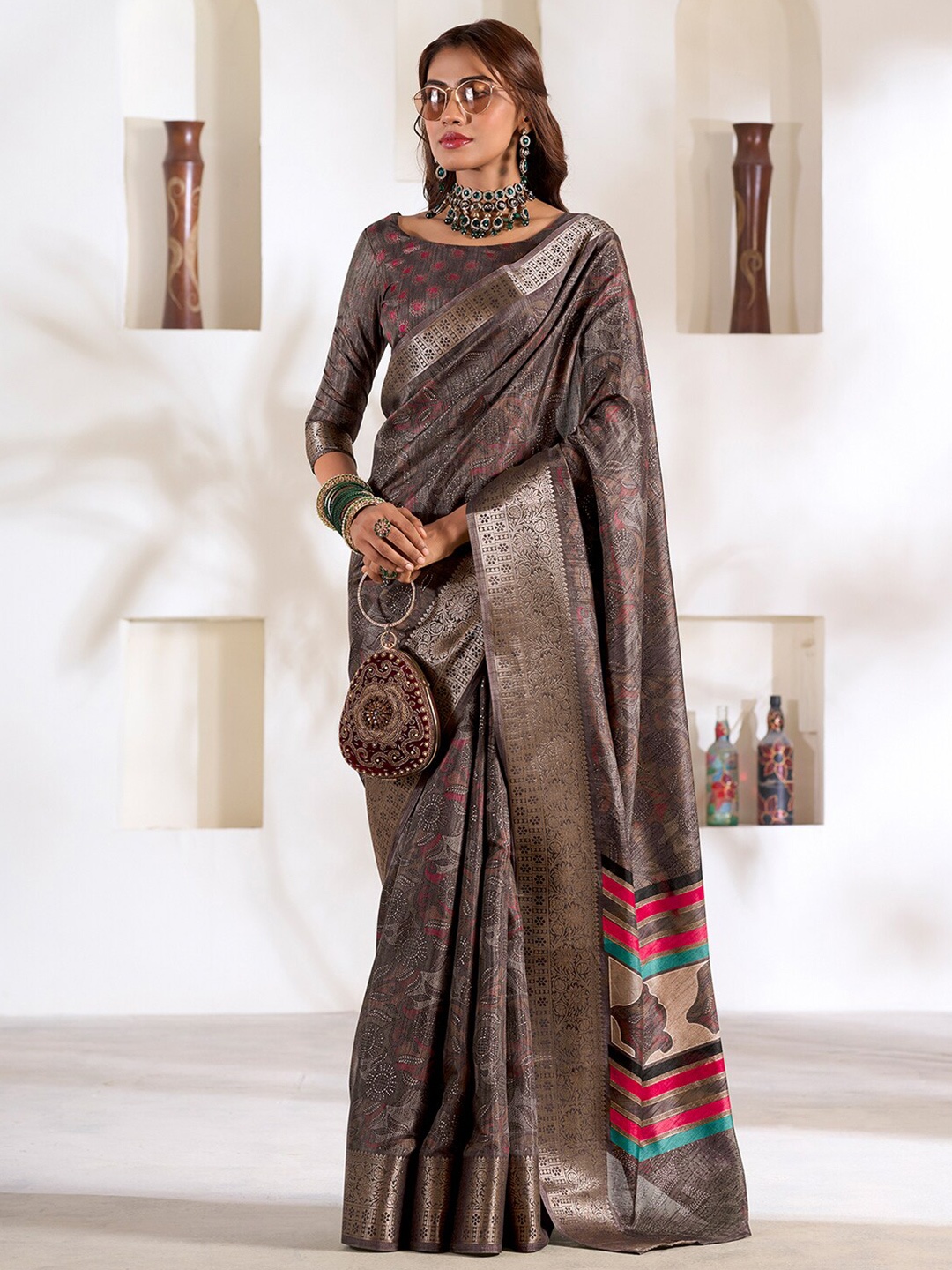 

Mitera Floral Zari Designer Saree, Brown