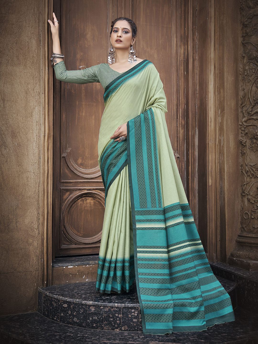 Mitera Geometric Printed Art Silk Saree, Lime green