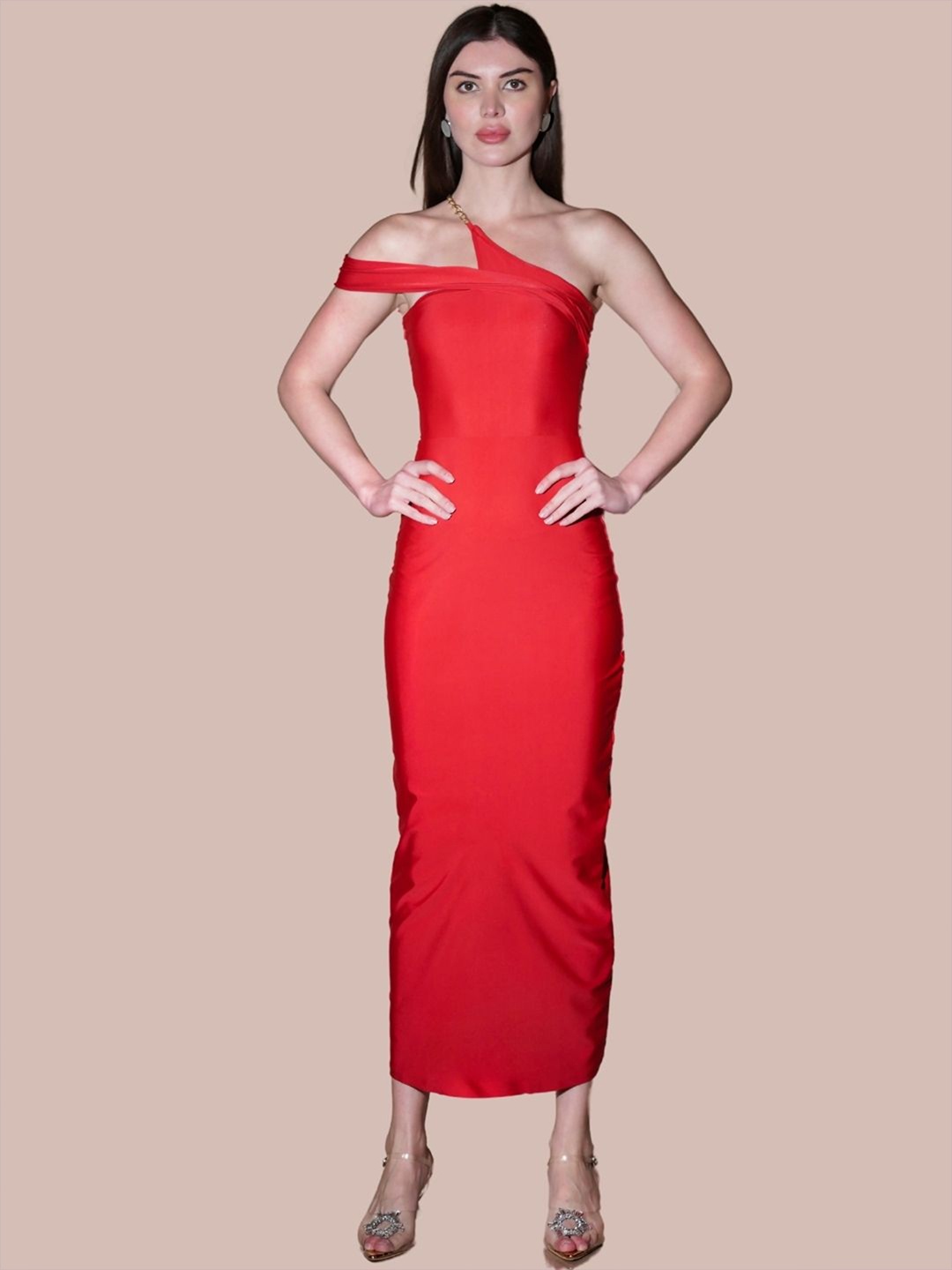 

Womenue One Shoulder Cut-Outs Maxi Sheath Dress, Red