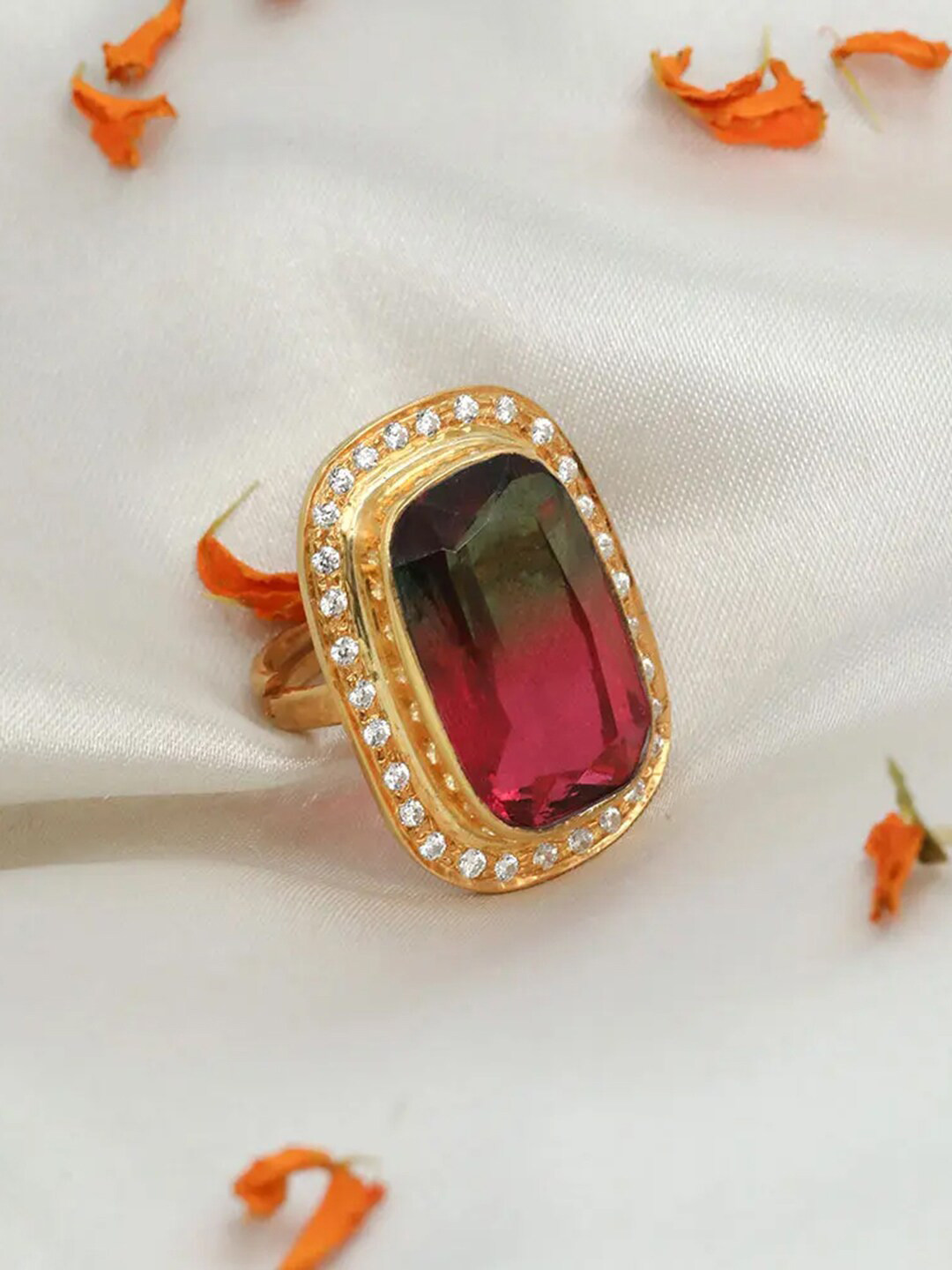 

Unniyarcha 92.5 Silver Gold Plated Stones Studded Adjustable Finger Ring