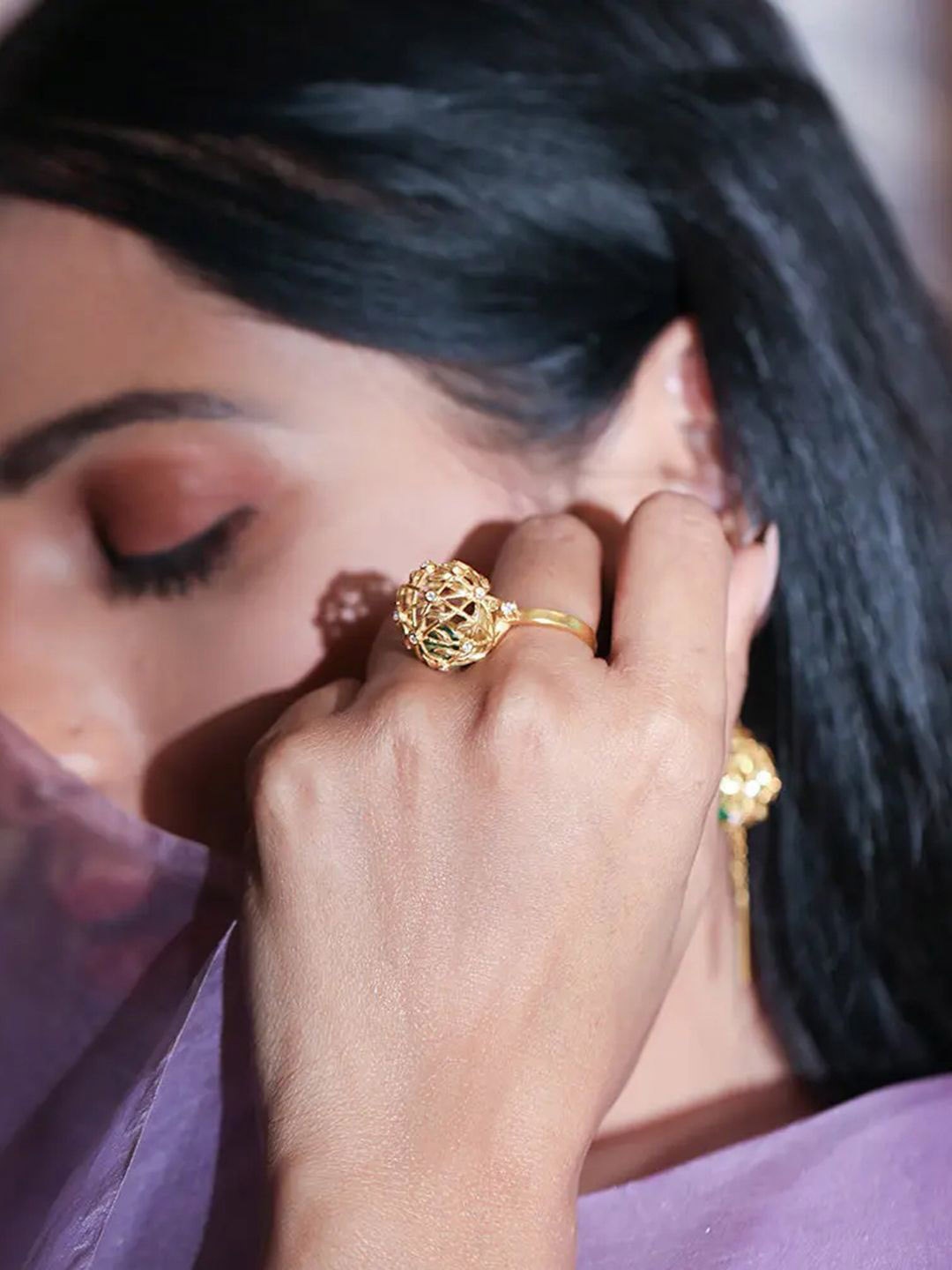 

Unniyarcha Gold-Plated Stone Studded Adjustable Finger Ring