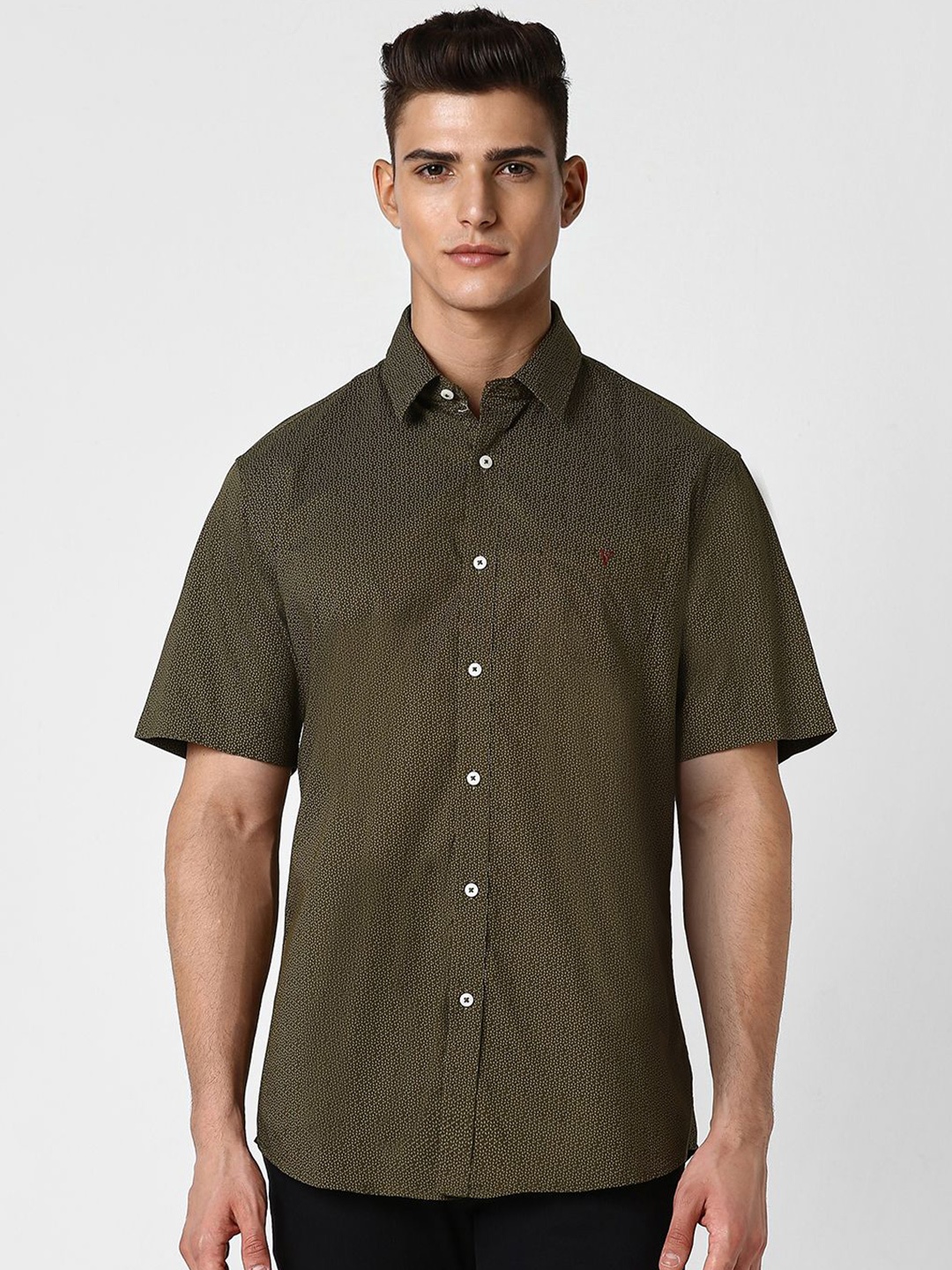 

Van Heusen Sport Slim Fit Micro Ditsy Printed Pure Cotton Casual Shirt, Olive