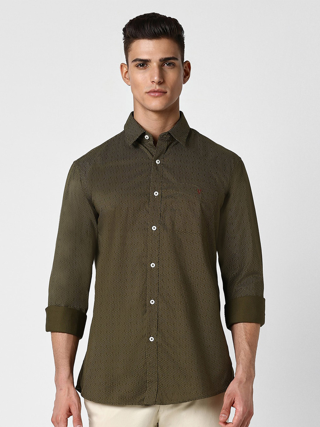 

Van Heusen Sport Slim Fit Printed Cotton Spread Collar Casual Shirt, Olive