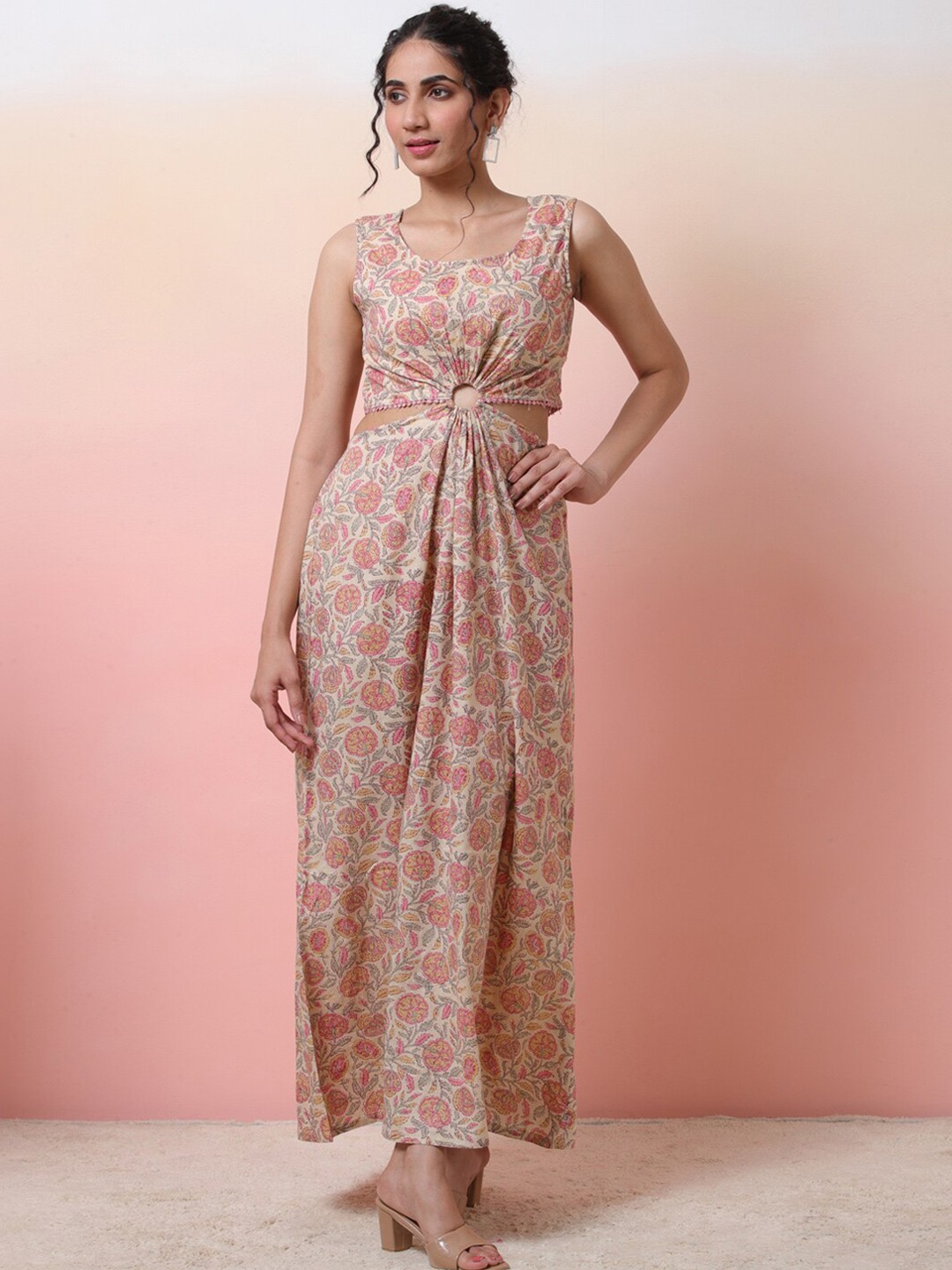 

Sangria Floral Printed Cotton Maxi Dress, Cream