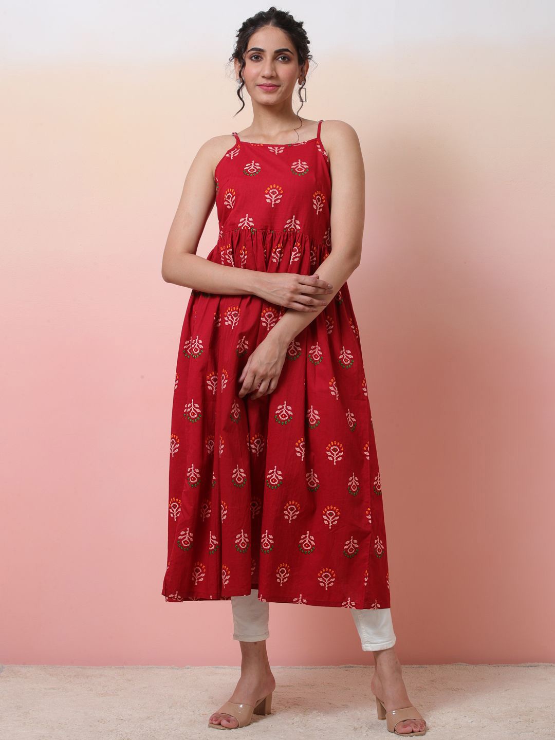 

Sangria Floral Printed Sleeveless Ethnic Dress, Red