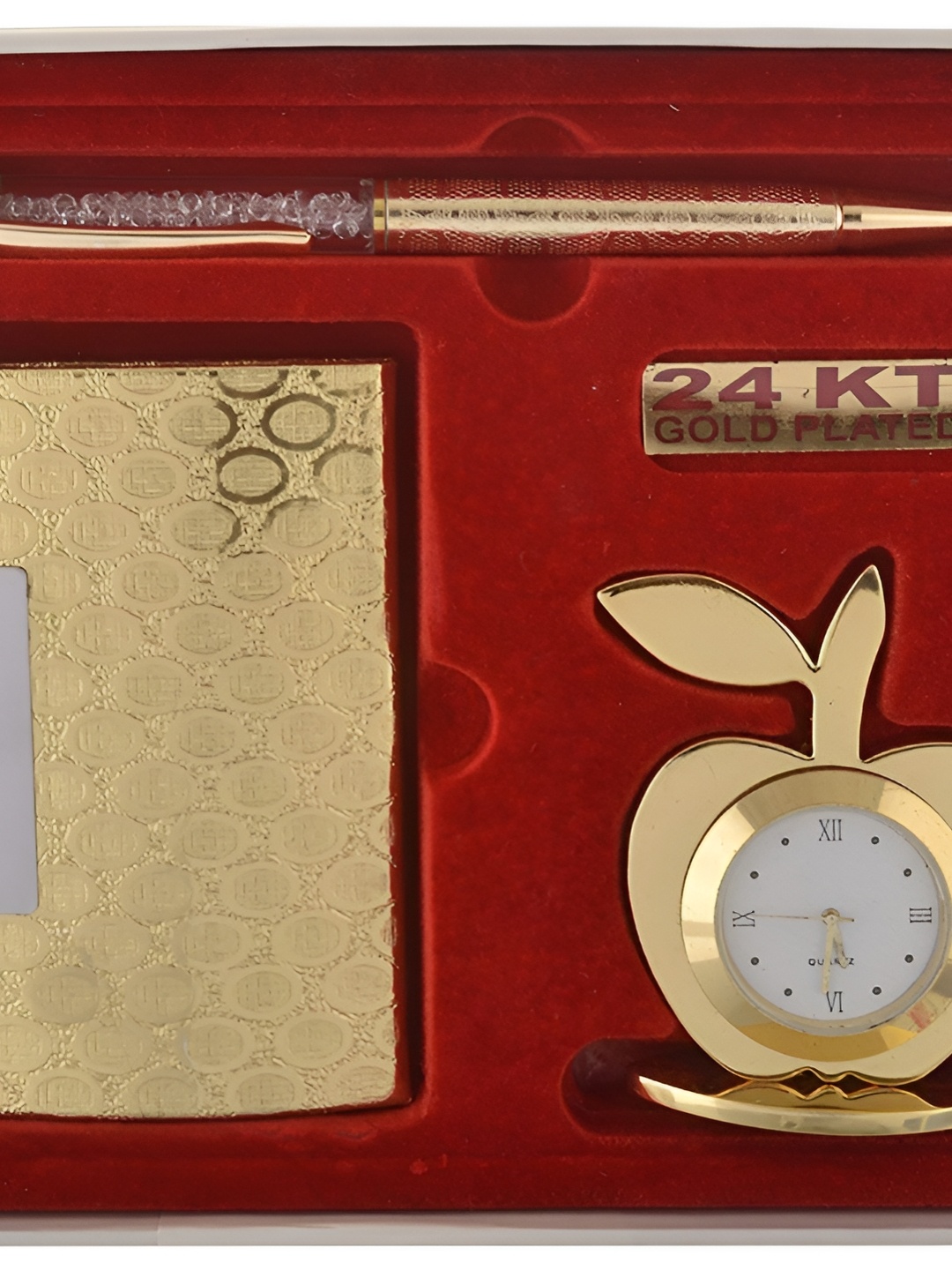 

INTERNATIONAL GIFT 3-Pcs Gold-Plated Pen, Card Holder, Apple Clock Home Gift Sets