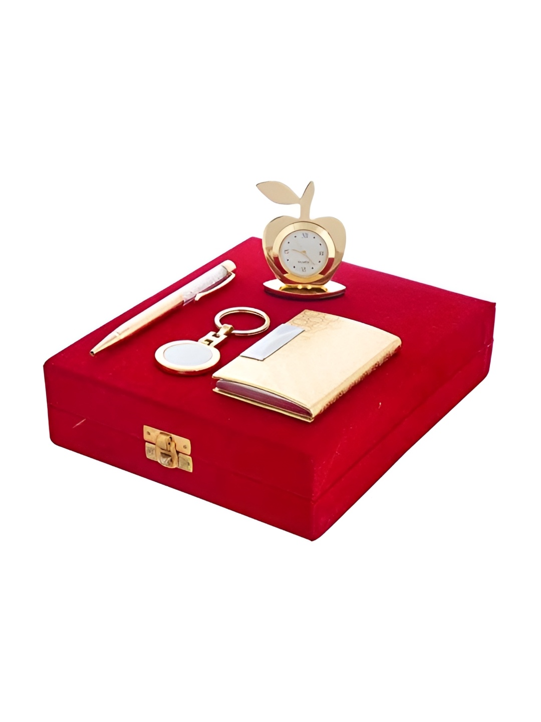 

INTERNATIONAL GIFT 4-Pcs Pen Card Holder With Apple Clock & Key Ring, Gold