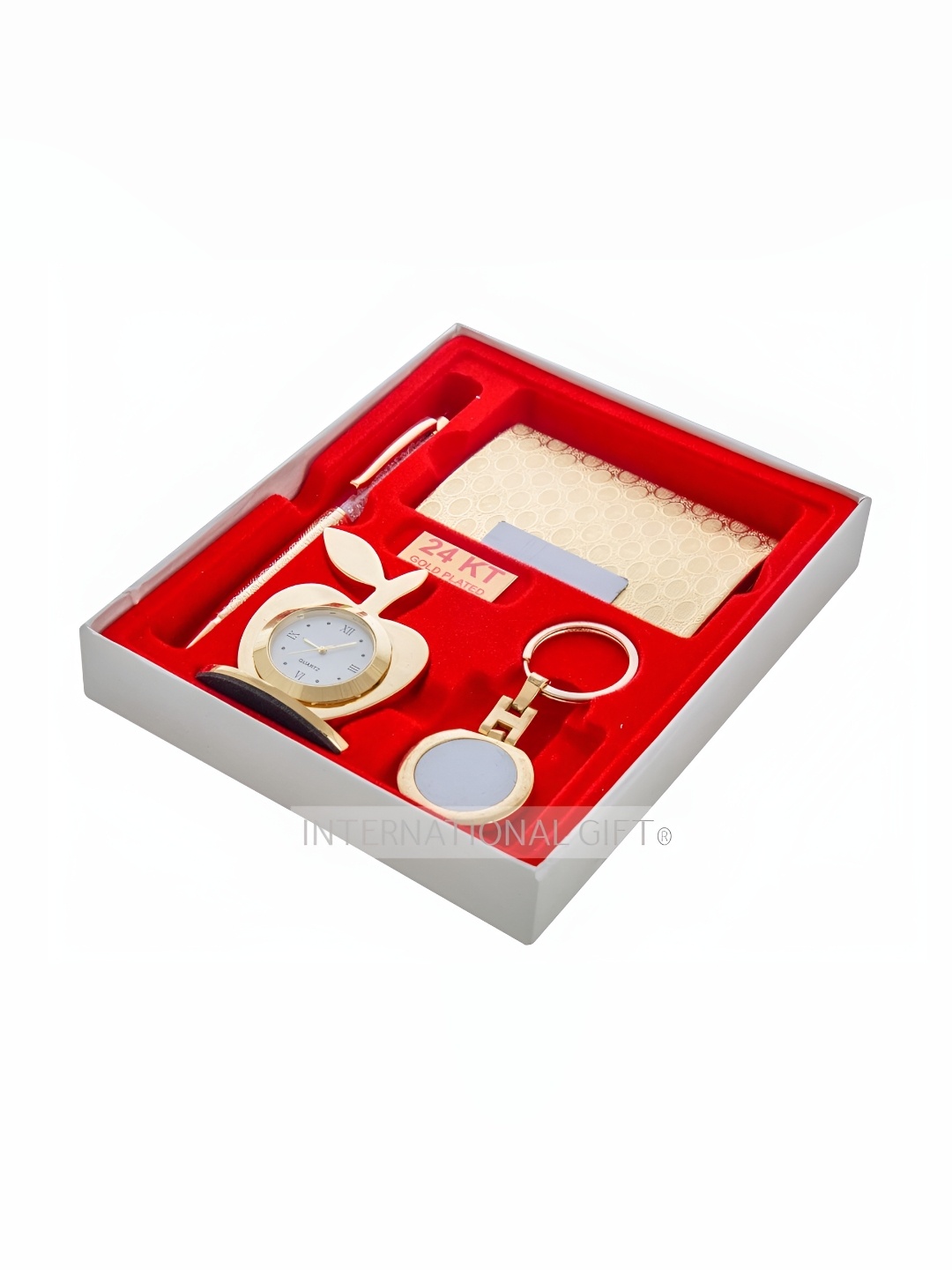 

INTERNATIONAL GIFT 4-Pcs Gold-Plated Pen, Card Holder, Clock With Keyring Home Gift Sets