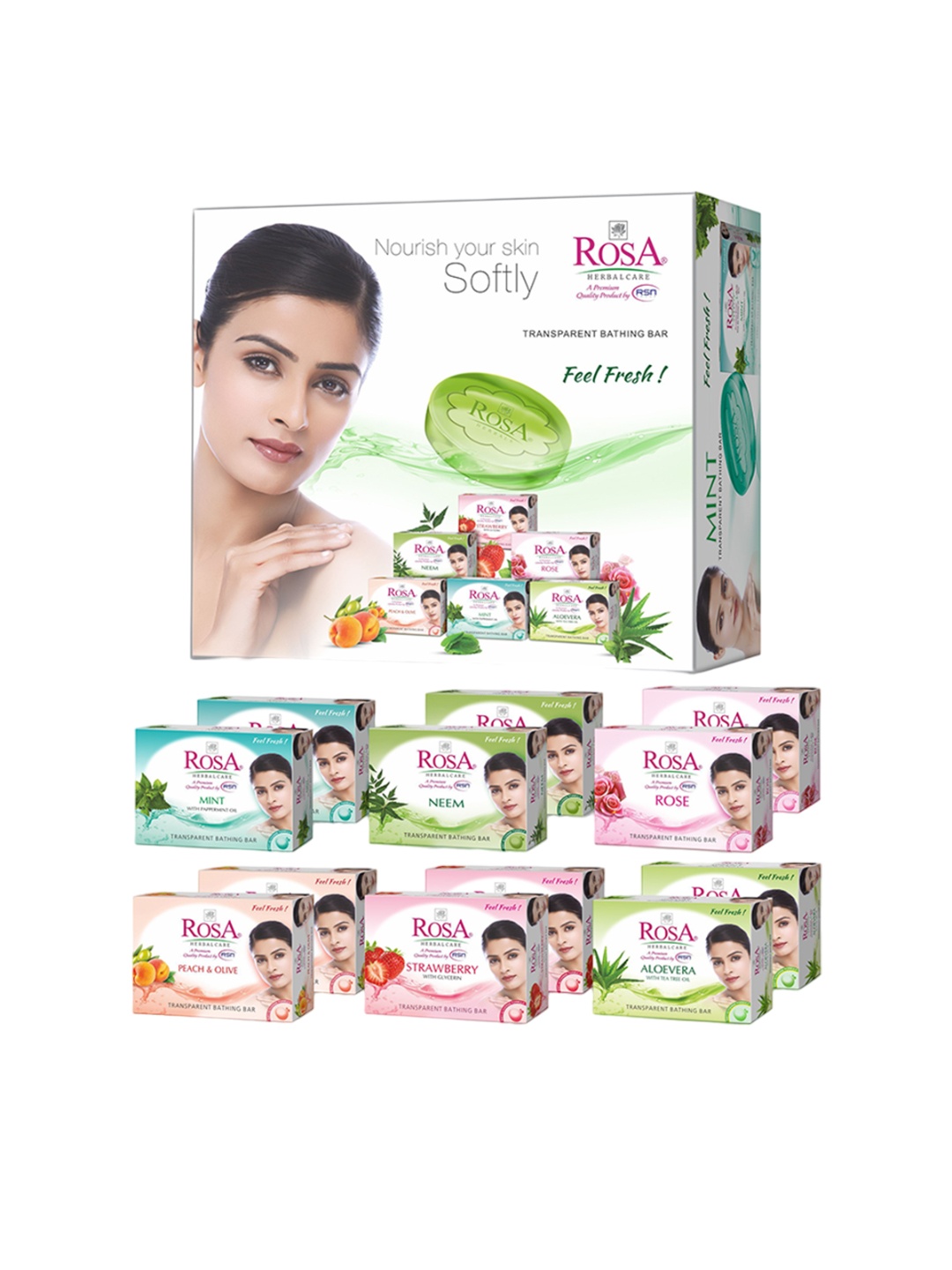 

ROSA Herbalcare Set Of 12 Aloevera,Neem, Mint,Strawberry, Peach & OliveRose Soap-100g Each, Multi