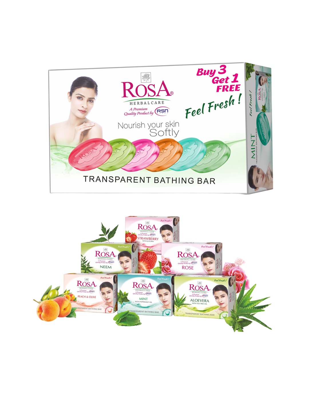 

ROSA Set Of 4 Peach & Olive Neem Mint & Strawberry Gel Soaps - 100 gm Each, Transparent