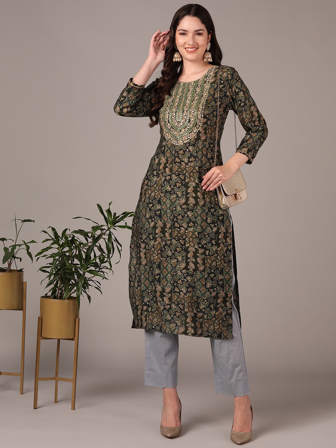 

Anouk Women Ethnic Motifs Printed Keyhole Neck Sequinned Kurta, Green