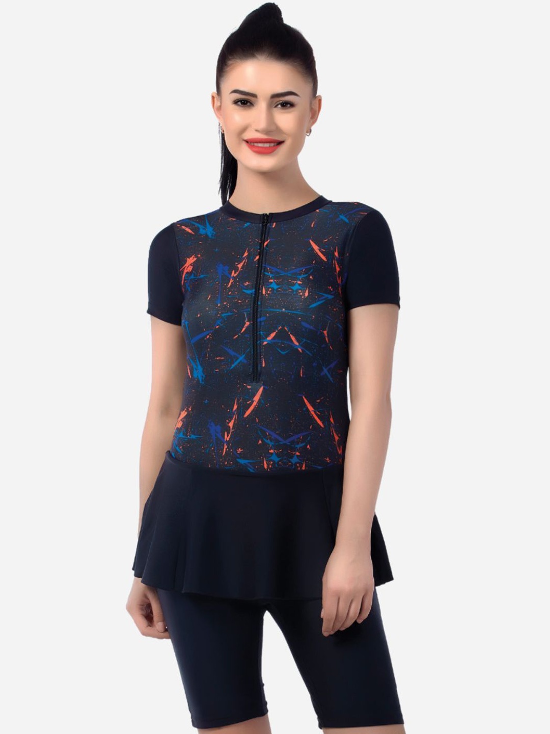 

VELOZ Women Abstract Printed Anti-Chafing Swim Dress, Black
