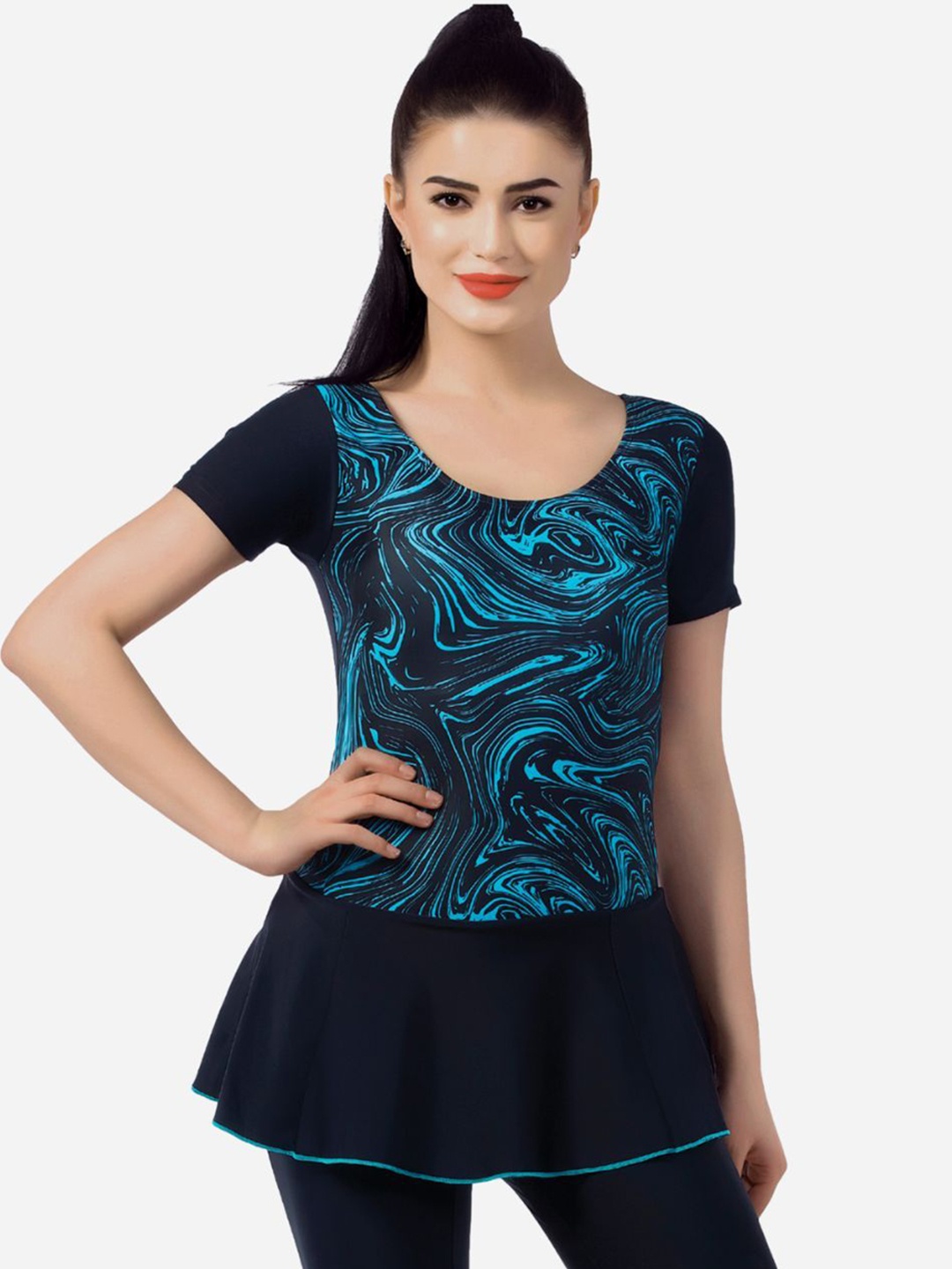 

VELOZ Women Abstract Printed Swimwear With Attached Shorts, Blue