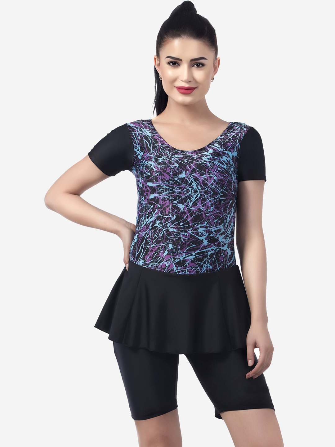 

VELOZ Twirl V-Flex Tropical Printed Swimwear With Attached Shorts, Black
