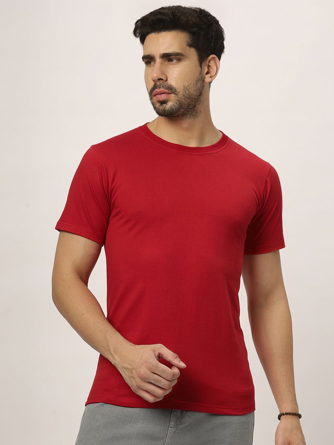 

N AND J Round Neck Cotton T-shirt, Red