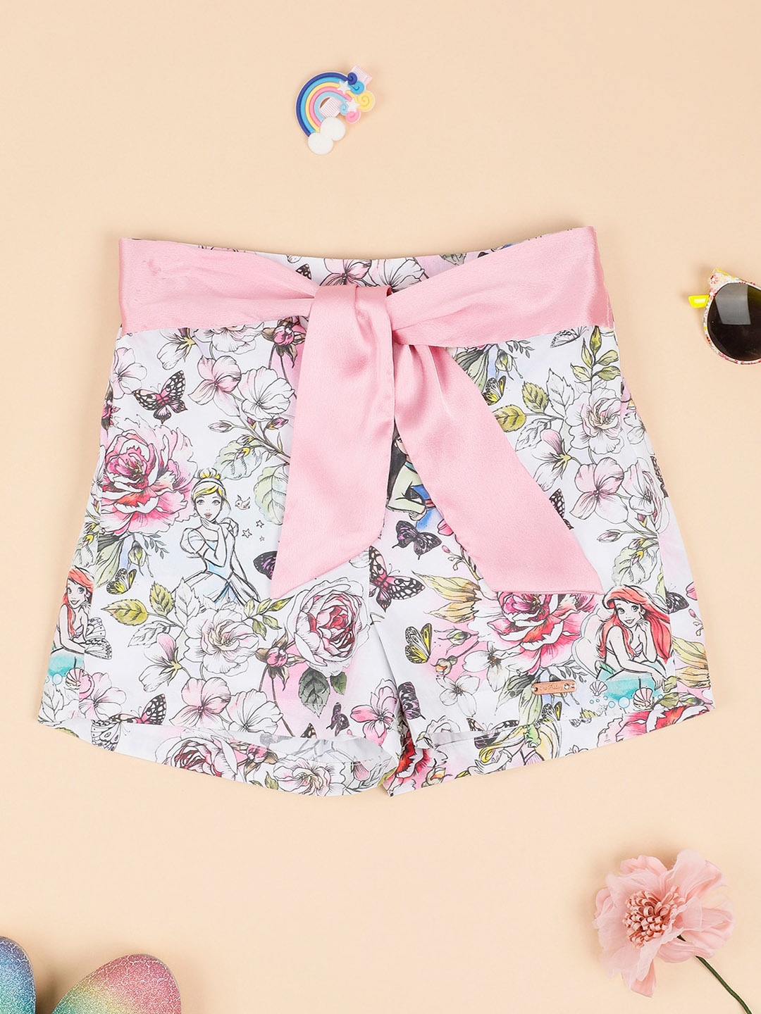 One Friday Girls Floral Printed Mid-Rise Regular Fit Cotton Casual Shorts, Pink