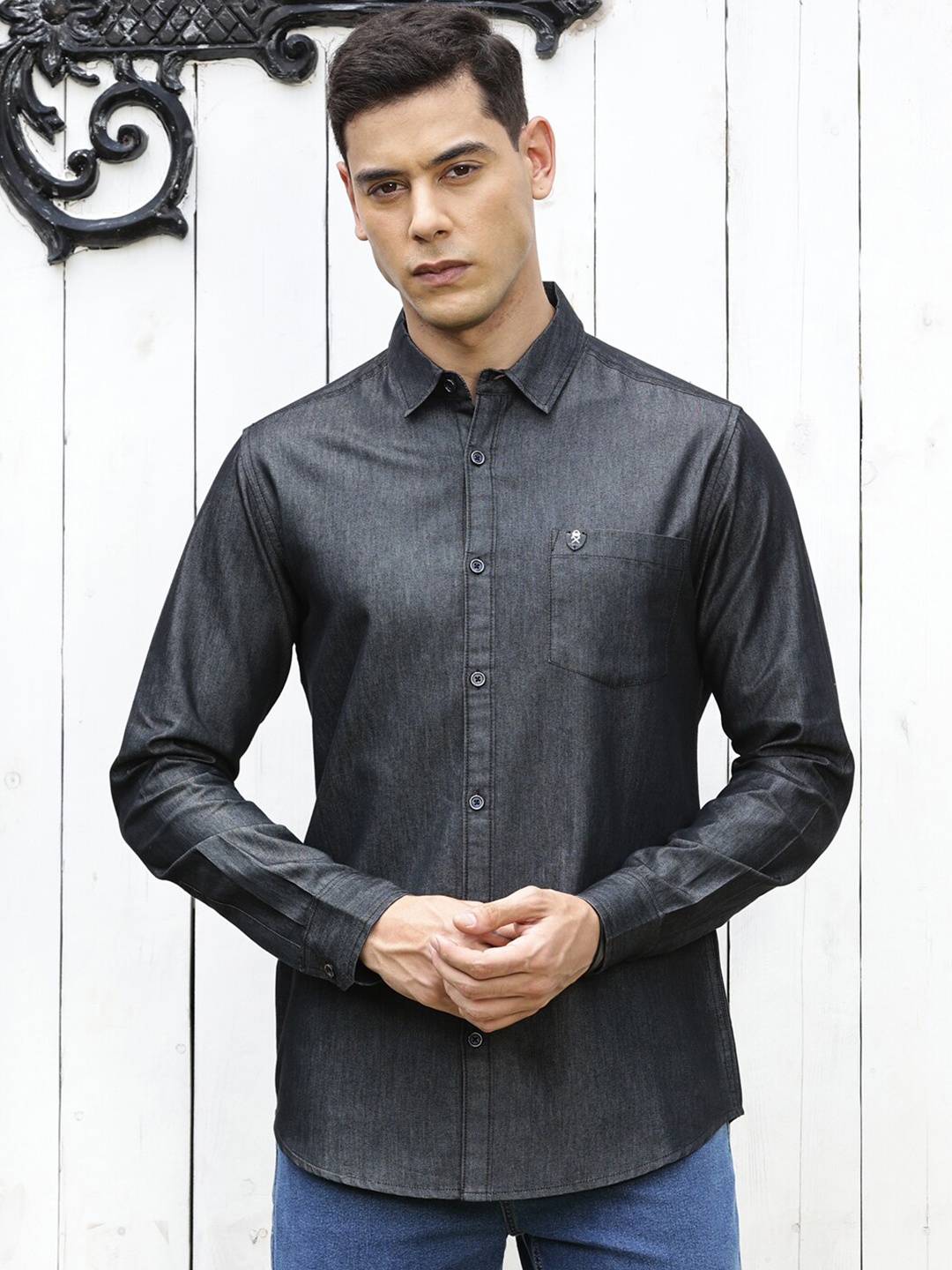 

Thomas Scott Men Solid Cotton Smart Slim Fit Opaque Casual Shirt, Black