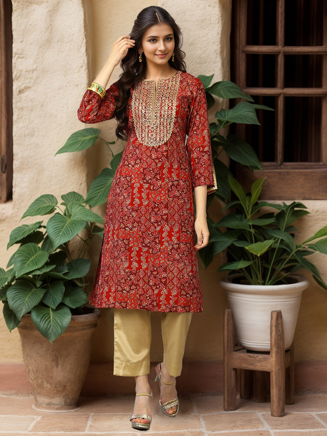 

Anouk Women Paisley Printed Embroidered Zari Work Kurta, Red