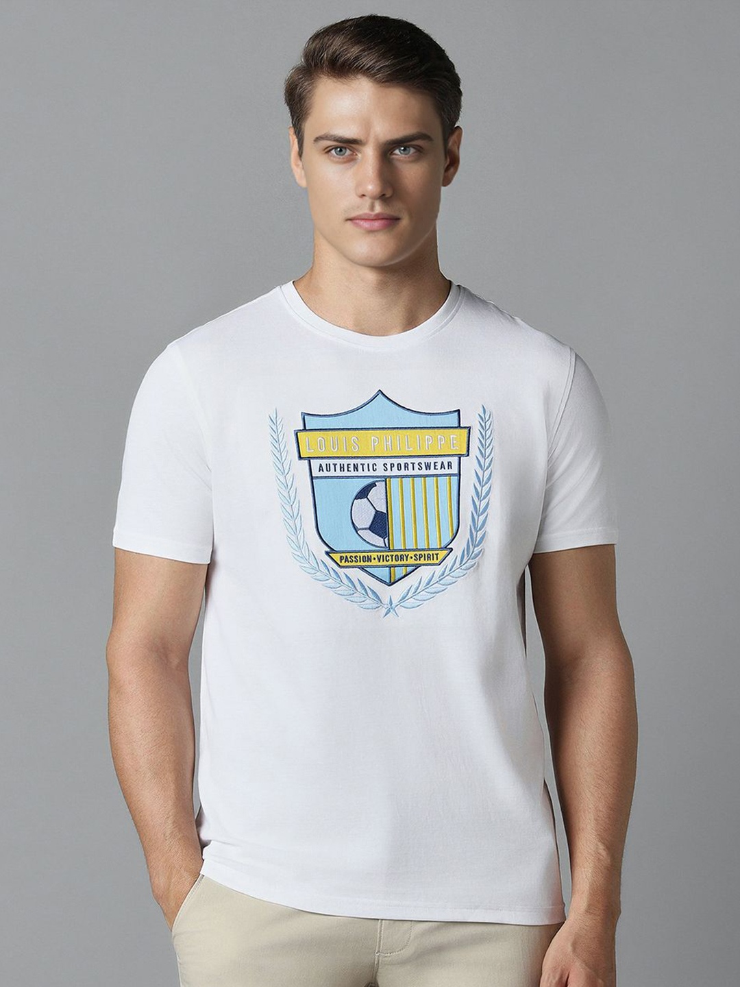 

Louis Philippe Sport Men Typography Printed Applique Slim Fit Cotton T-shirt, White