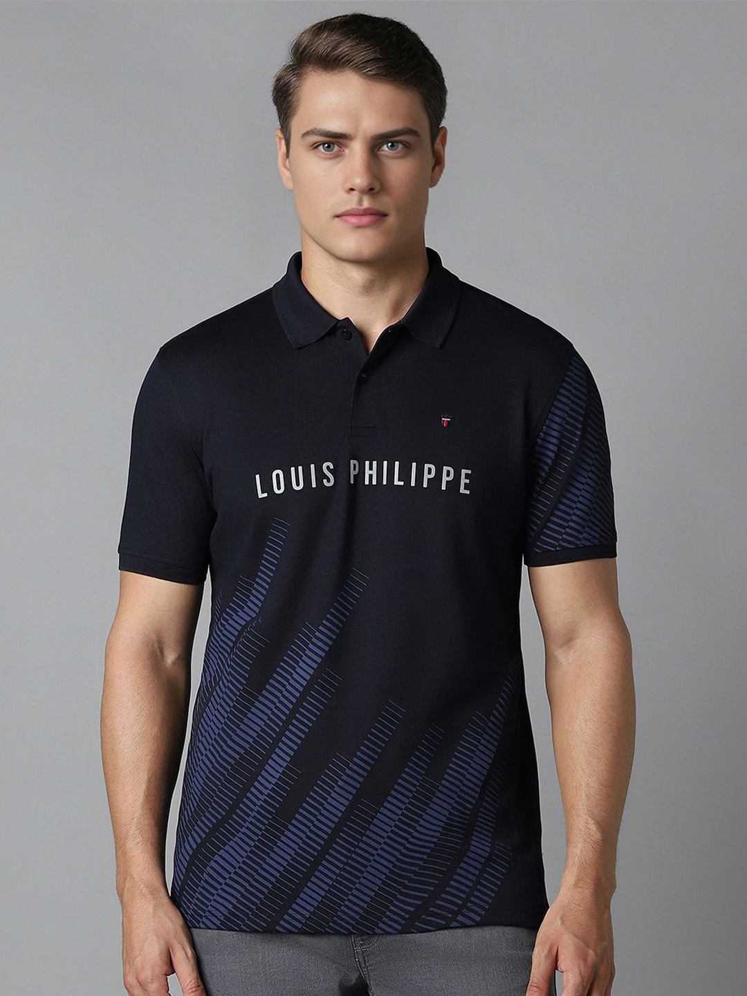 

Louis Philippe Sport Men Typography Printed Polo Collar Slim Fit T-shirt, Navy blue