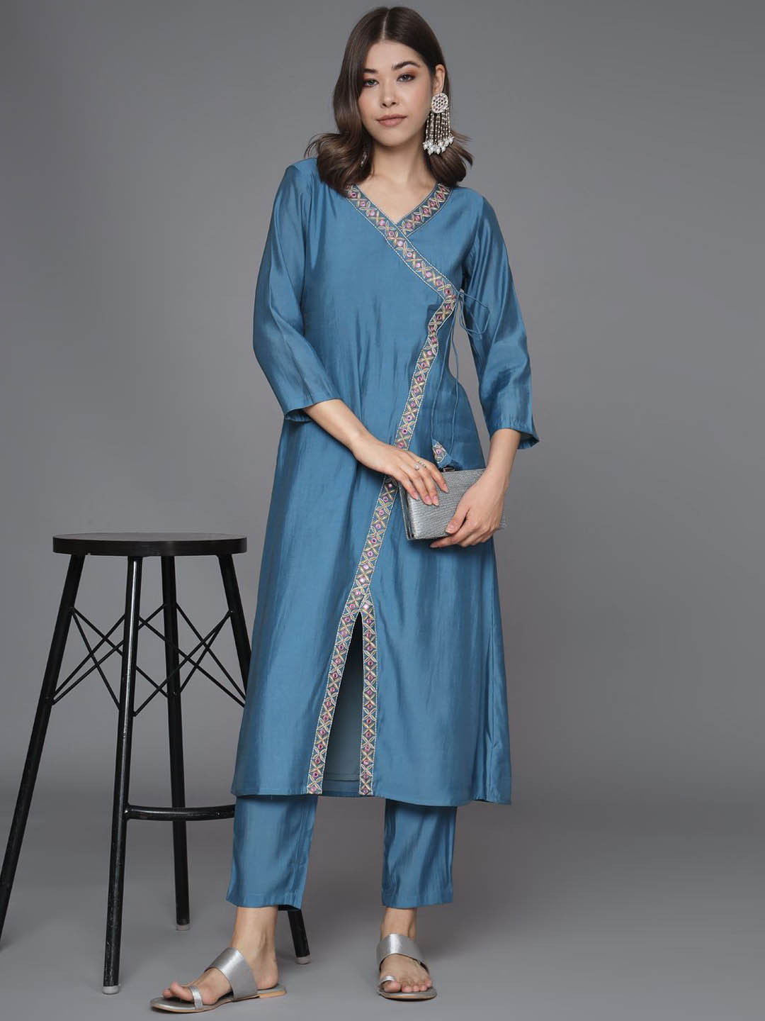 

HEEPOSH Women Floral Embroidered Angrakha Mirror Work Kurta with Trousers, Blue