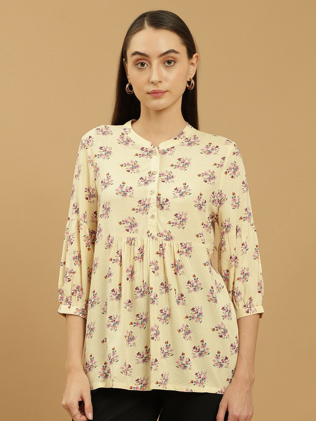 

Beatnik Women Mandarin Collar Floral Printed Tunic, Yellow