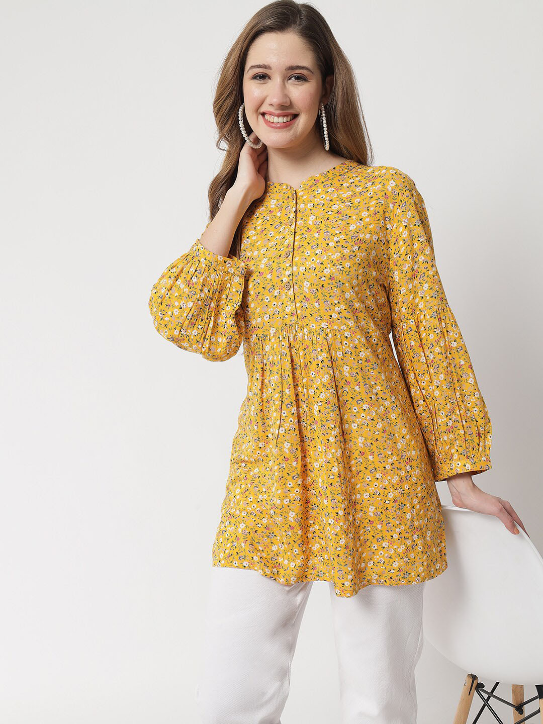 

Beatnik Women Mandarin Collar Floral Printed Tunic, Yellow