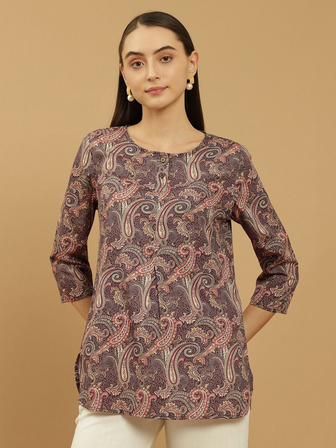 

Beatnik Women Boat Neck Ethnic Printed Tunic, Purple