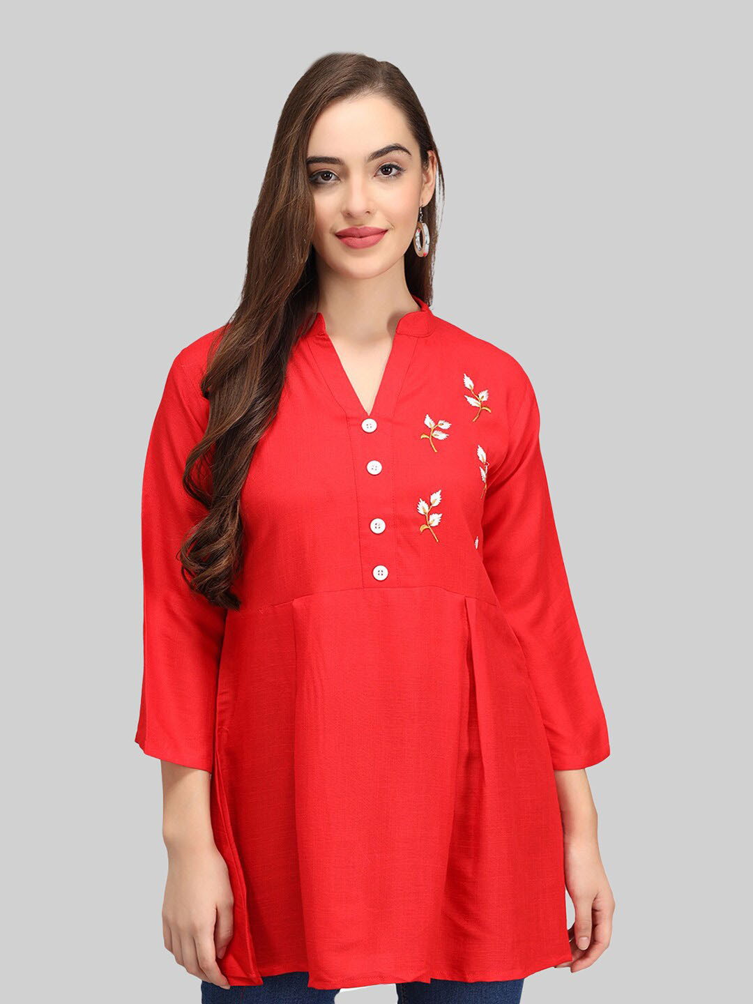 

Beatnik Women V-Neck Embroidered Tunic, Red