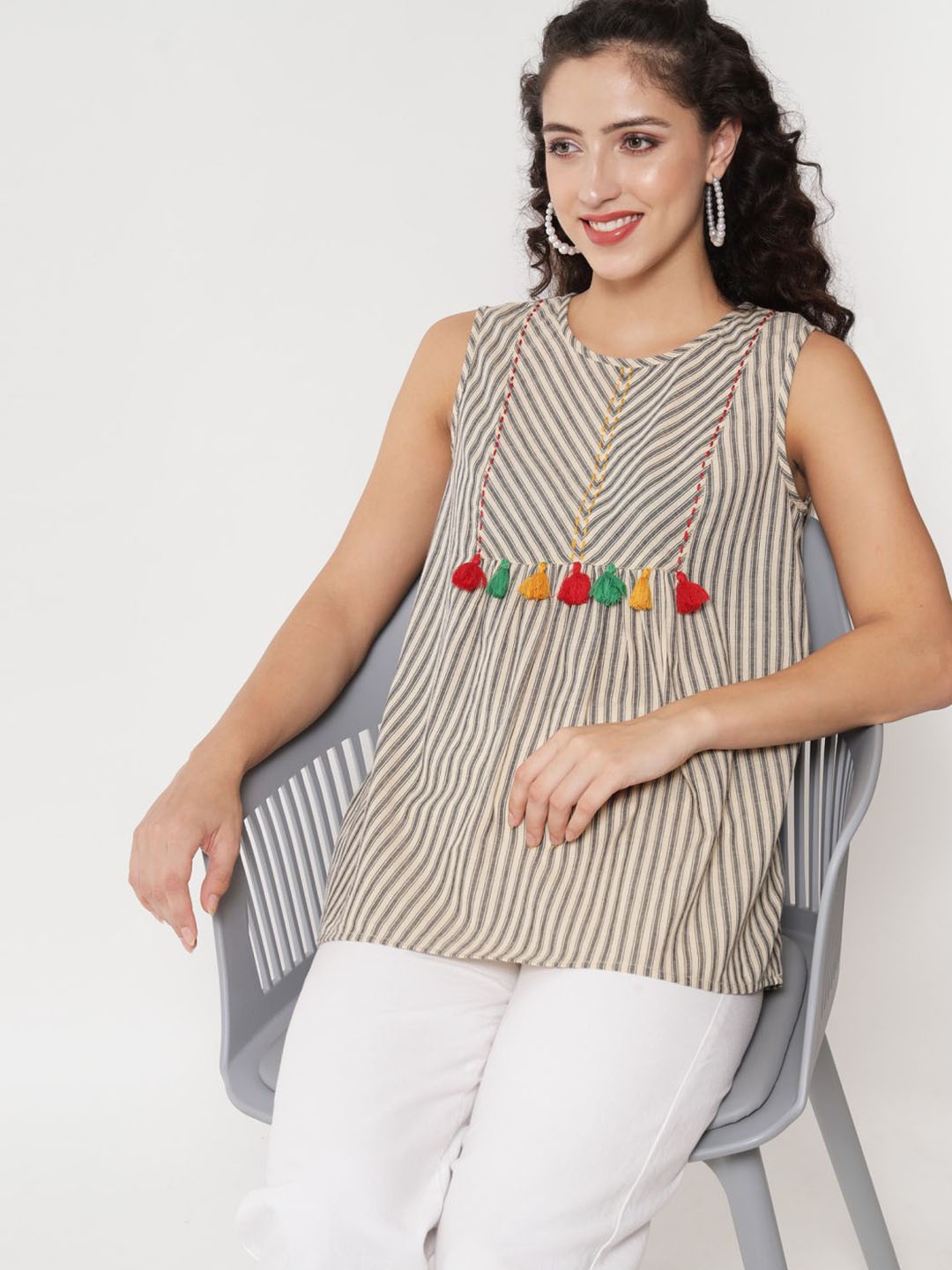 

Beatnik Women Boat Neck Striped Tunic, Brown