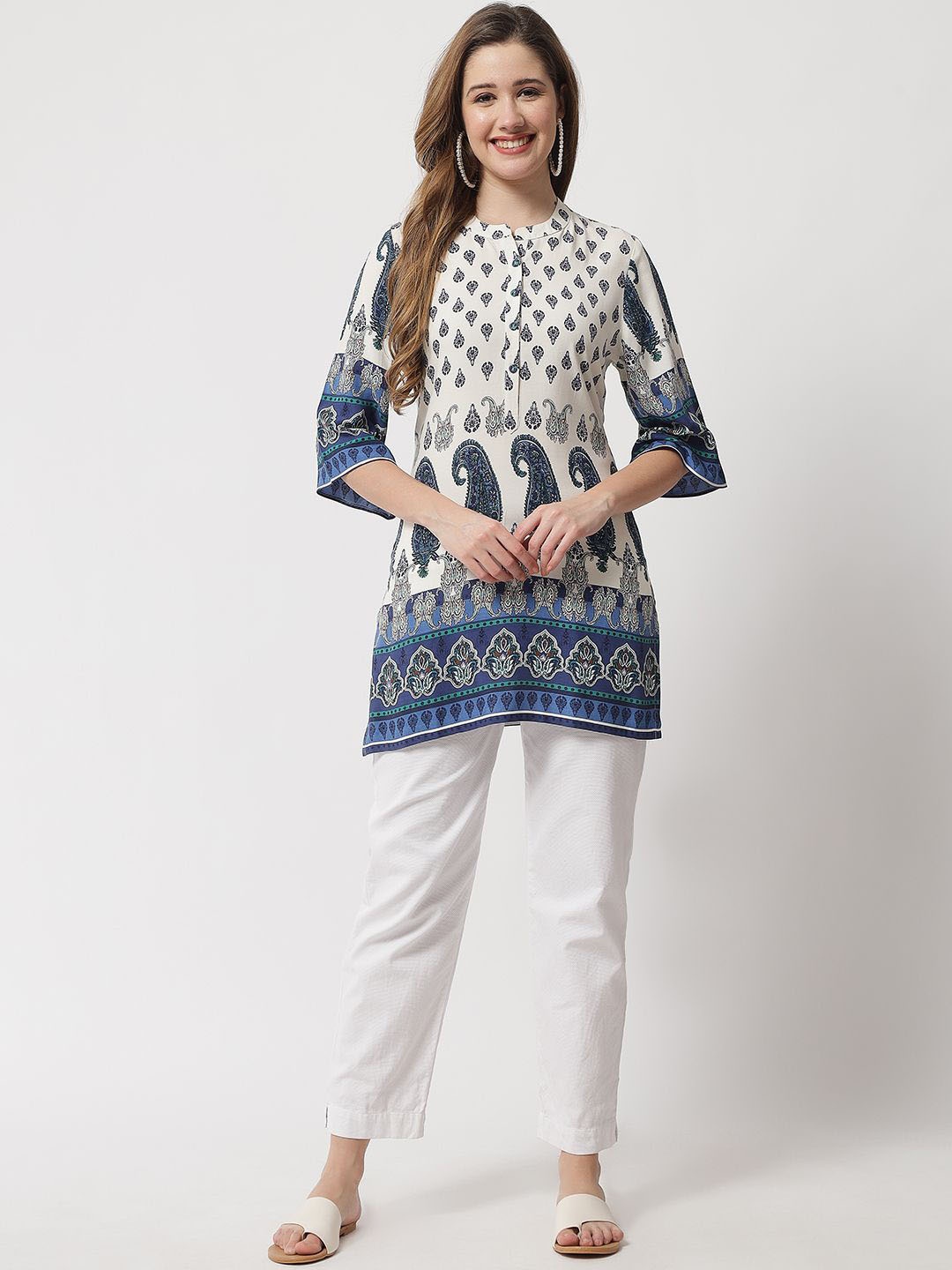 

Beatnik Ethnic Printed Mandarin Collar Cotton Tunic, White
