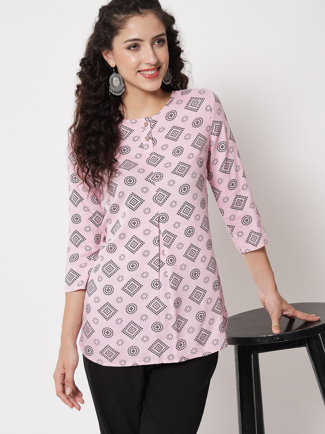 

Beatnik Women Boat Neck Printed Tunic, Pink