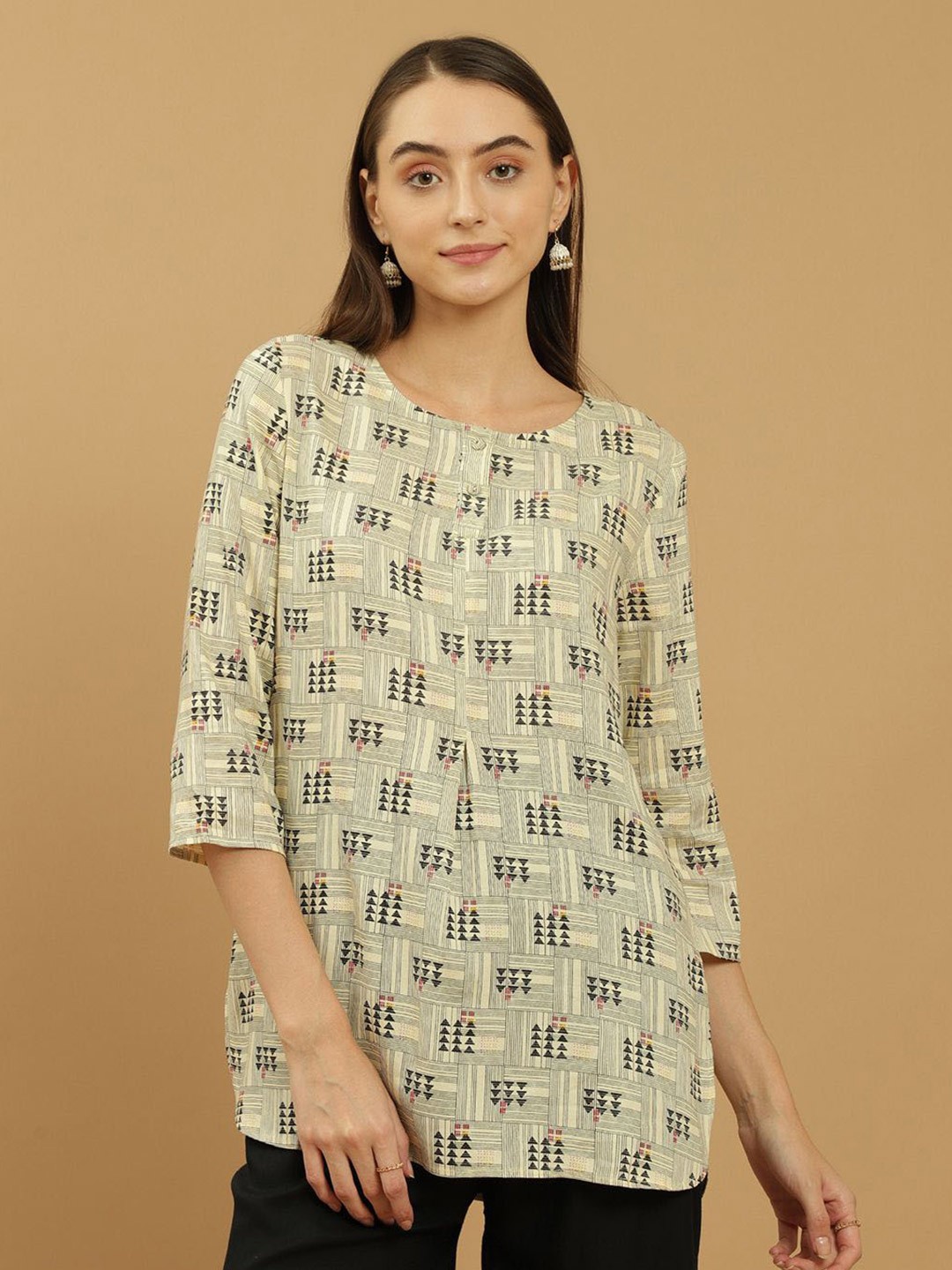

Beatnik Geometric Printed Cotton Tunic, Beige