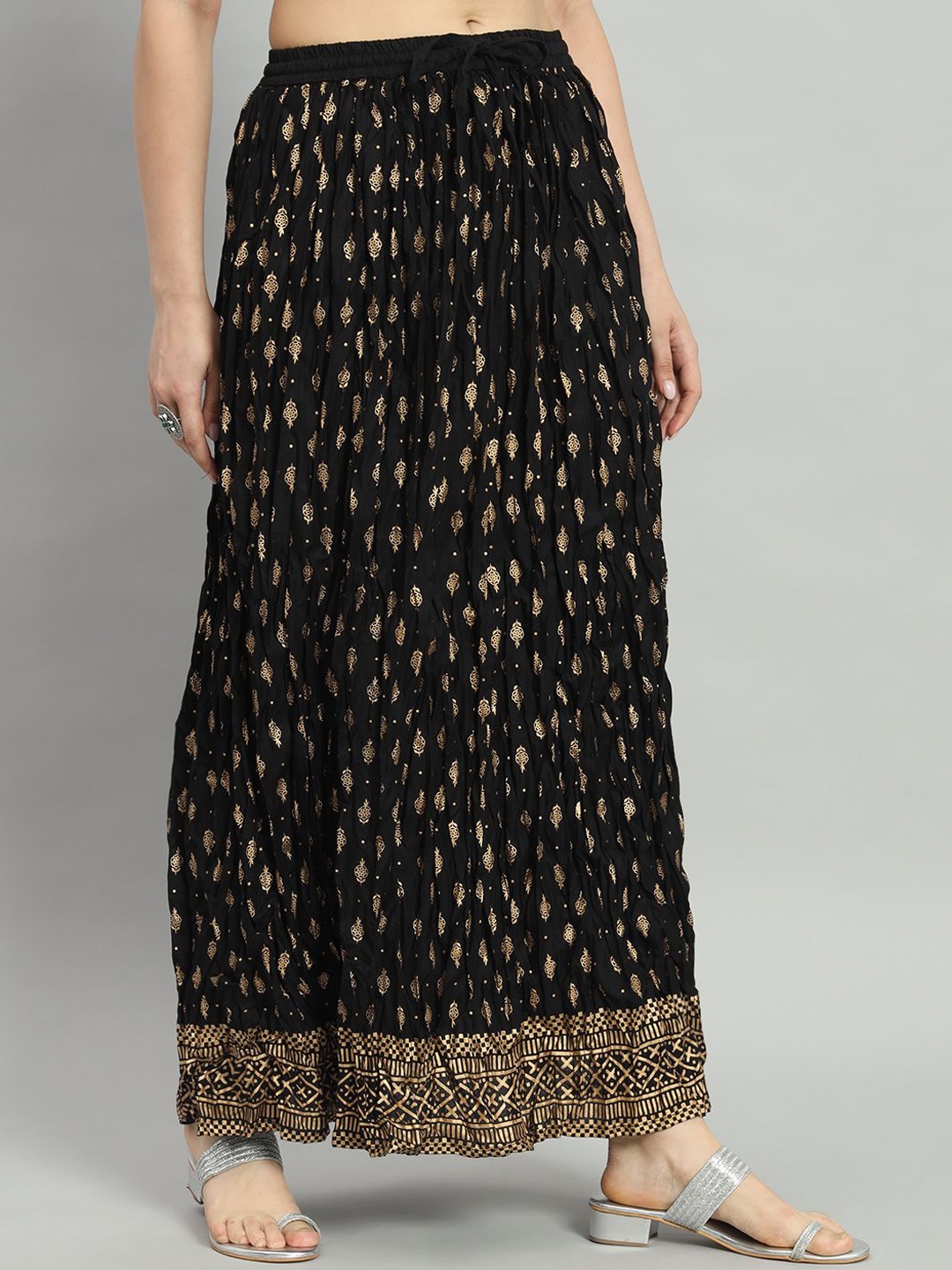 

ZRI Cotton Flared Printed Maxi Skirt, Black