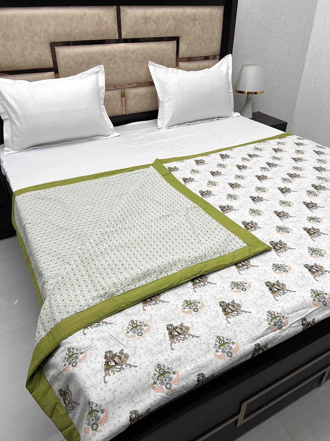 

Pure Decor White & Green Ethnic Motifs AC Room 210 GSM Cotton Double Bed Dohar