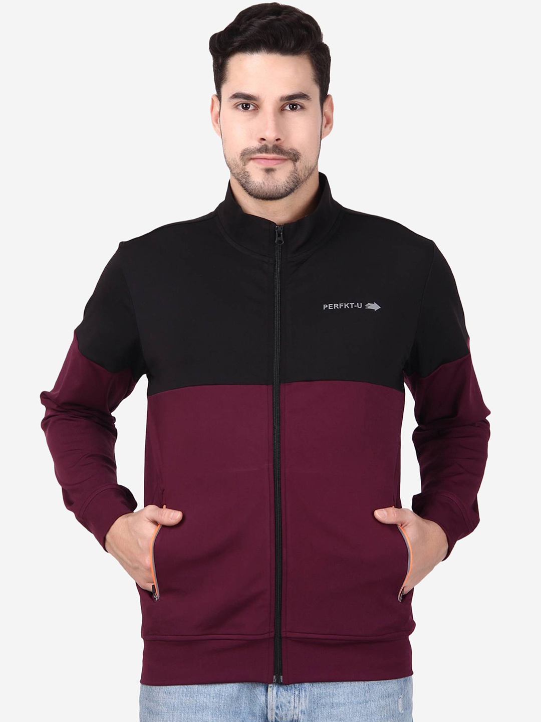 

PERFKT-U Men Colourblocked Windcheater Antimicrobial Crop Training or Gym Bomber Jacket, Maroon