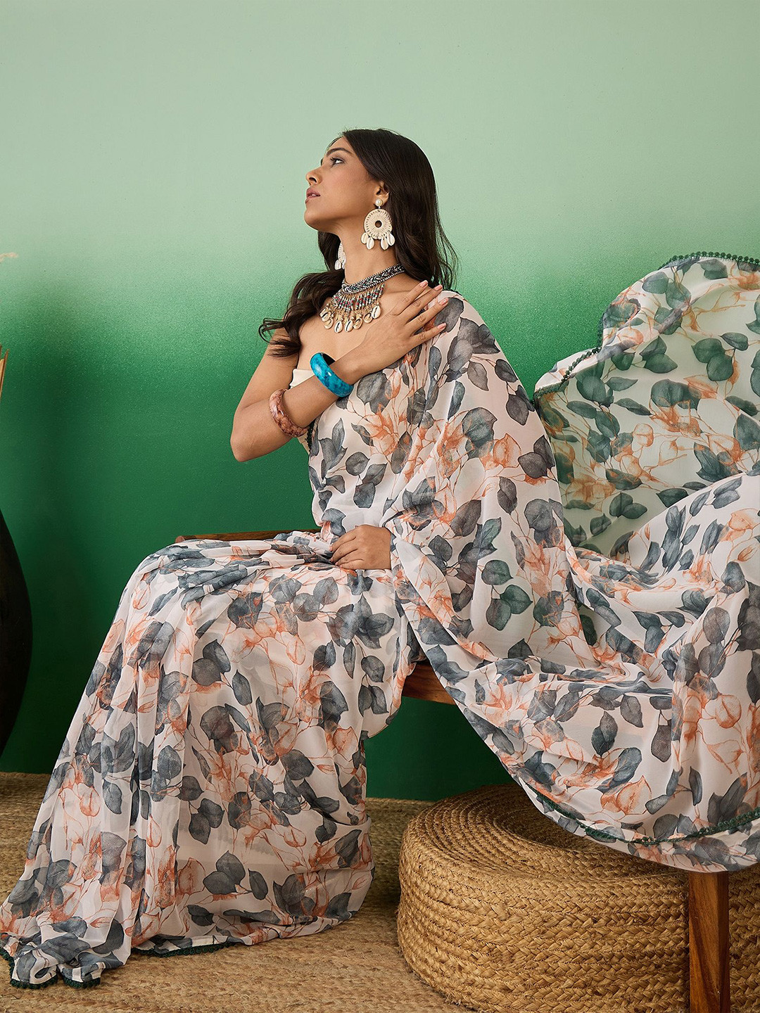 

Sangria Printed Ombre Ready To Wear Saree, White