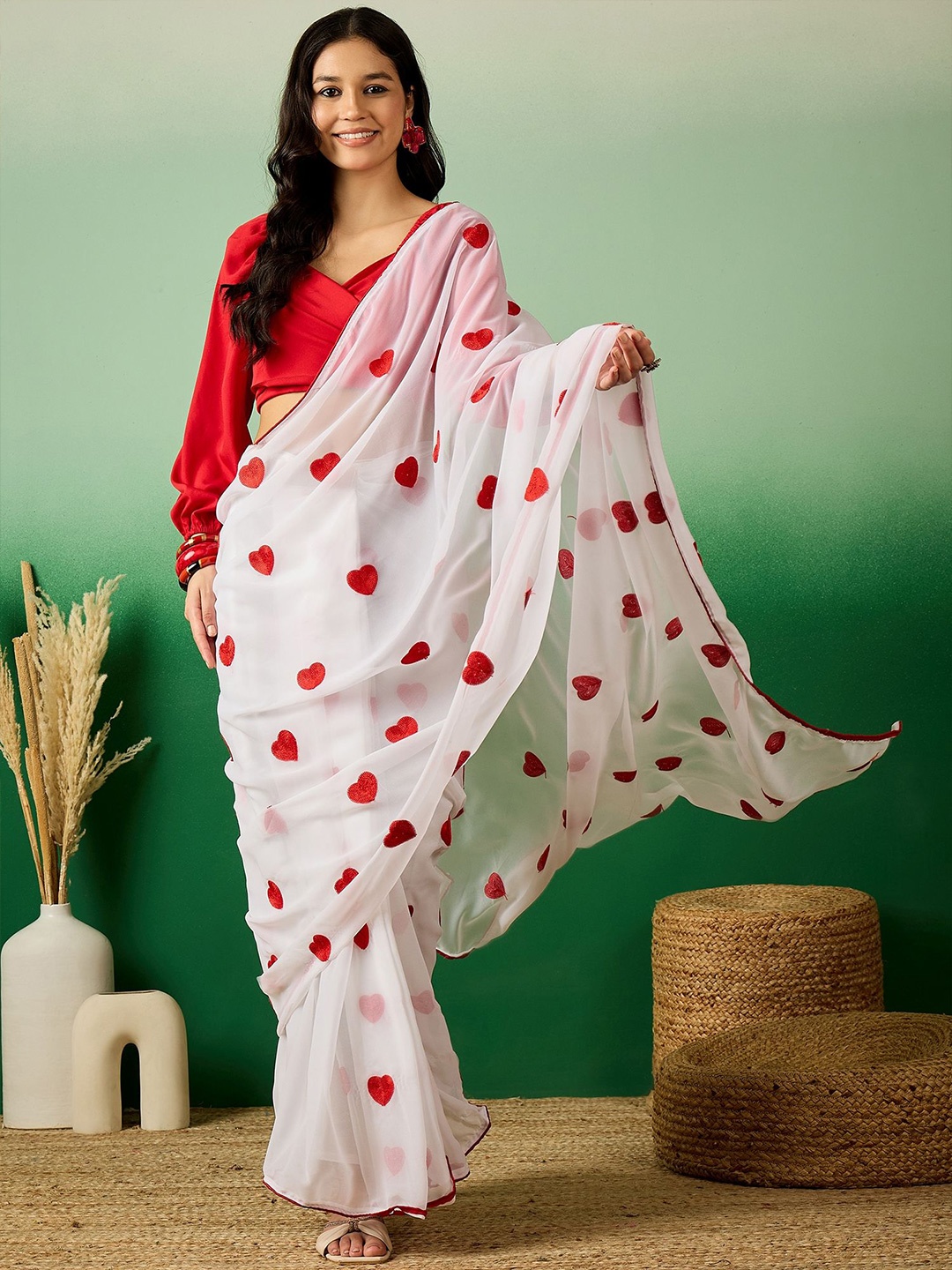 

Sangria Embroidered Ready To Wear Saree With Blouse Piece, White