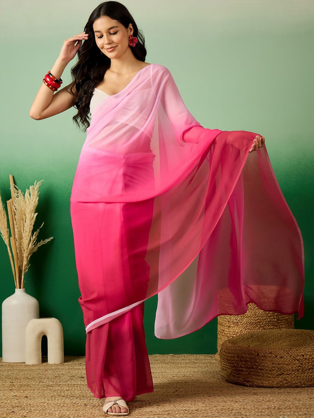 

Sangria Ombre Dyed Ready To Wear Saree With Blouse, Pink