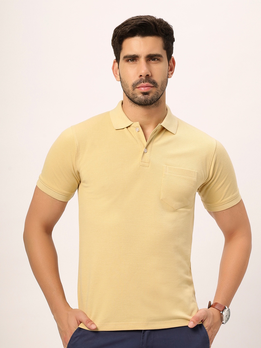 

N AND J Men Henley Neck Pockets T-shirt, Yellow