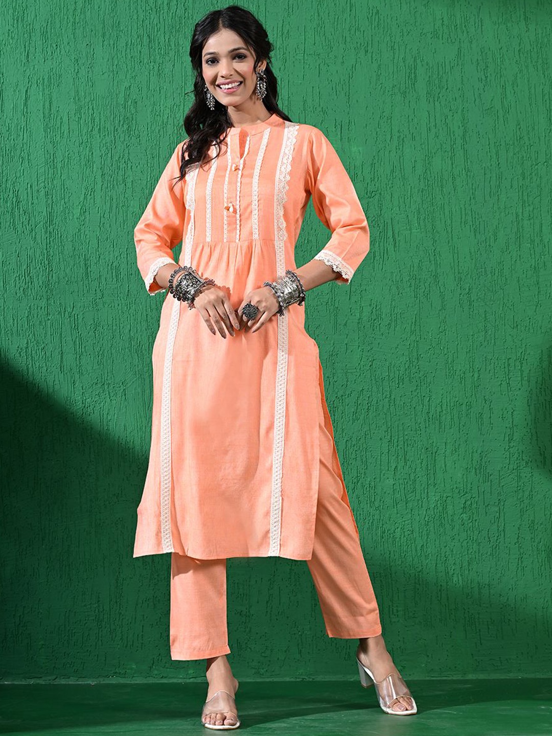 

Sangria Lace Worked Band Collar Kurta With Trousers, Orange