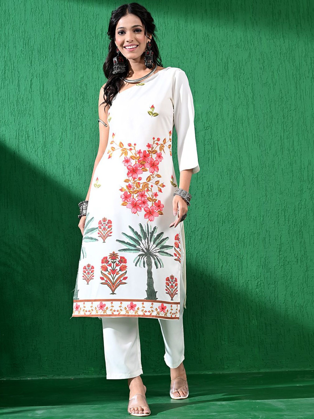 

Sangria Floral Printed One Shoulder Straight Kurta with Trousers and dupatta, Cream