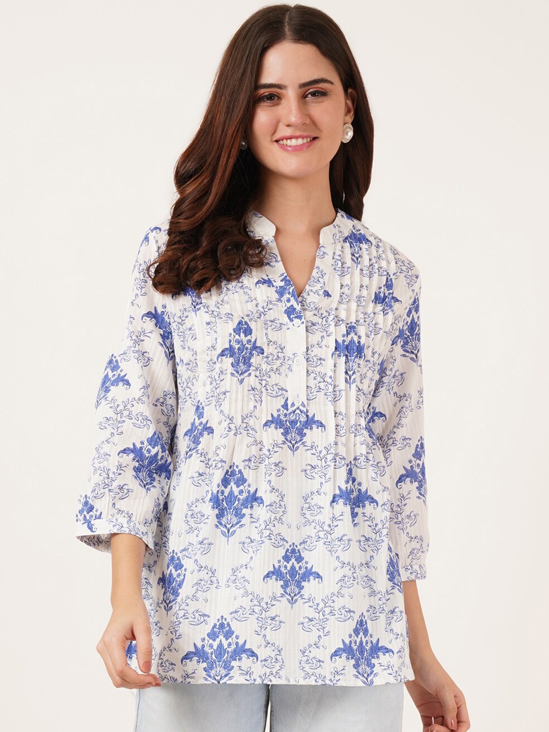 

IX IMPRESSION Women Floral Mandarin Collar Longline Top, Blue