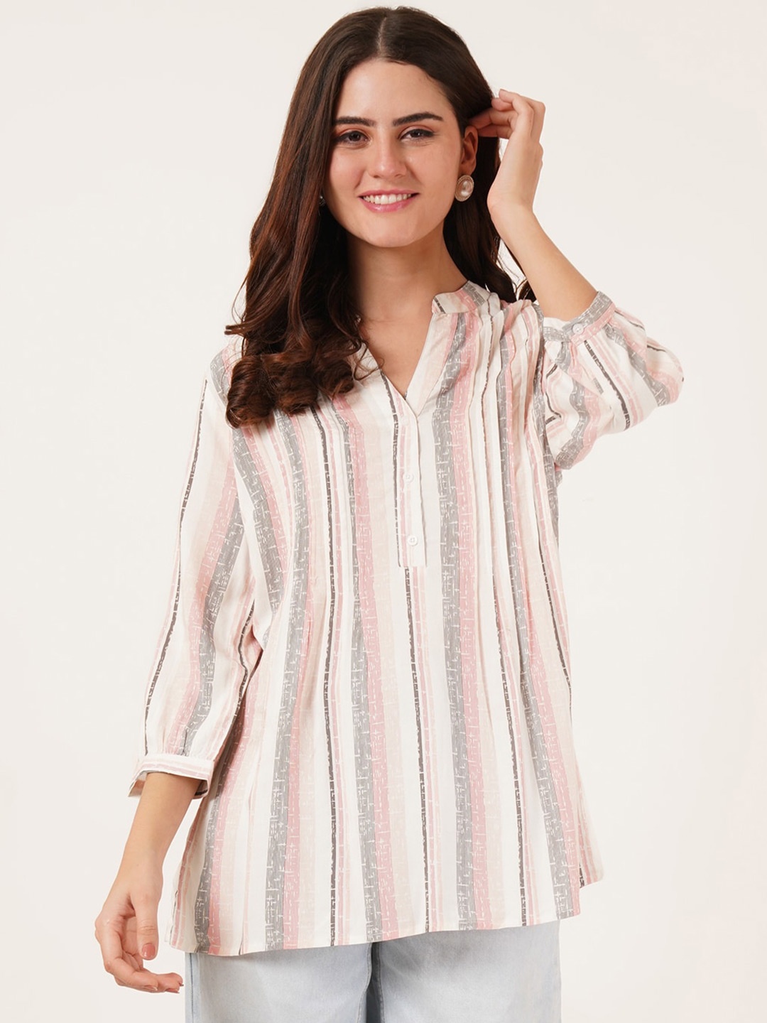 

IX IMPRESSION Striped Mandarin Collar Longline Top, White