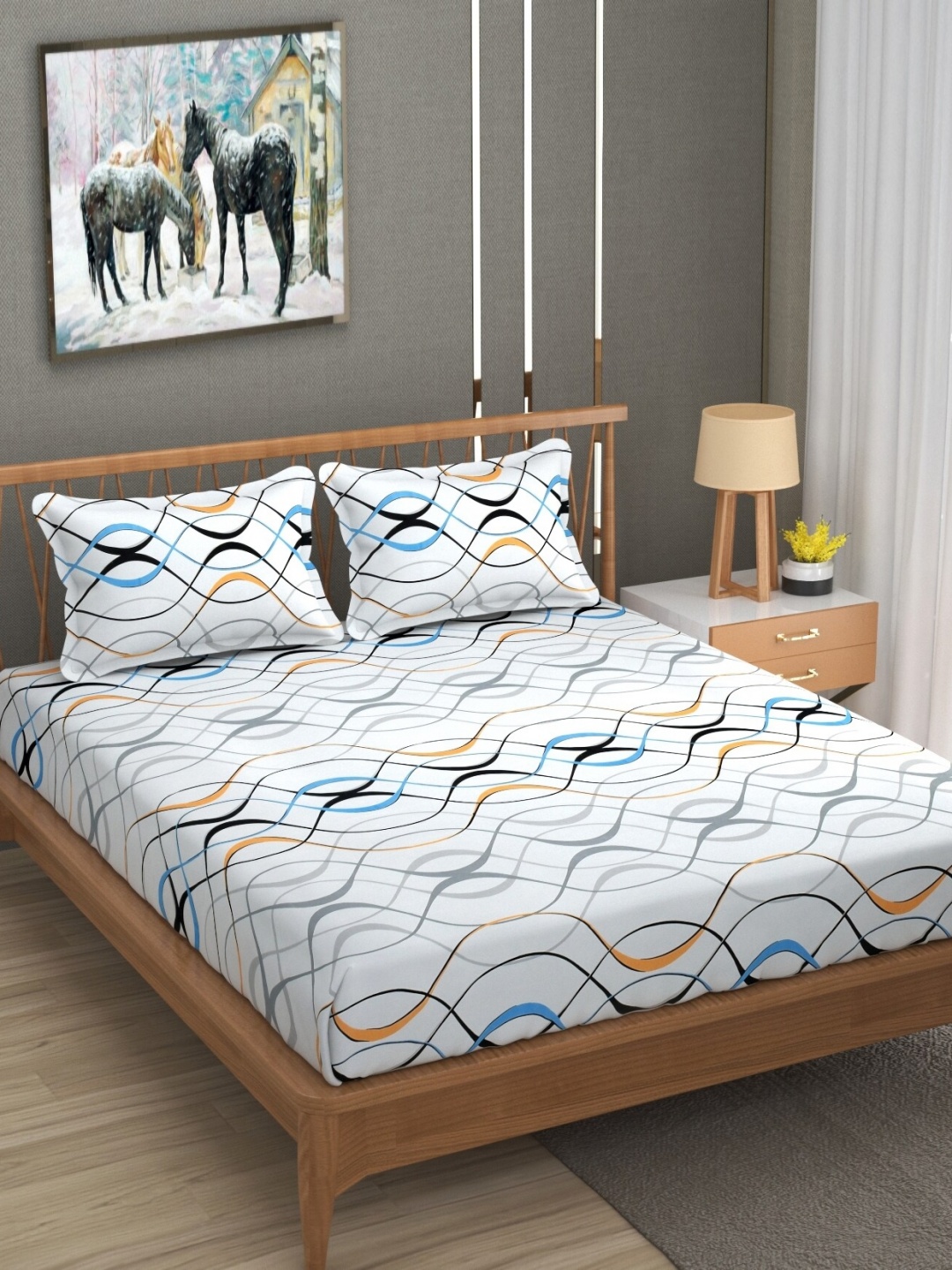 

UrbanArts White & Blue Geometric 170 TC King Bedsheet with 2 Pillow Covers